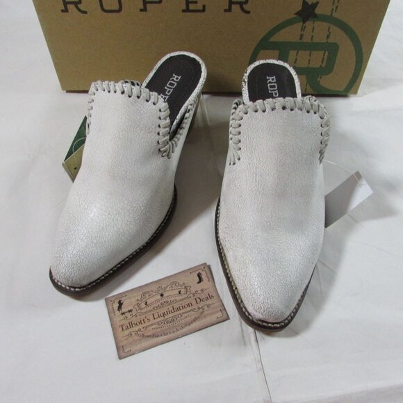 Roper Women's Alma Crackle Leather Heeled Slip On Mule White - Picture 3 of 4